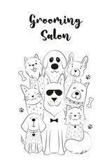 Cute dogs and cats in doodles style. Black and white vector image for a veterinary clinic, business card, site, grooming salon.