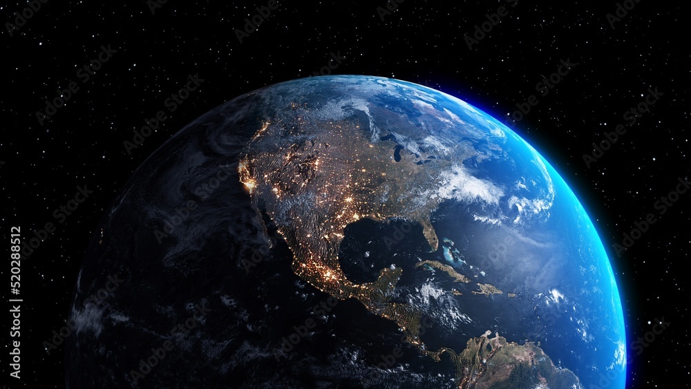 Wall mural planet earth with realistic geography surface and orbital 3d cloud atmosphere . outer space view of 