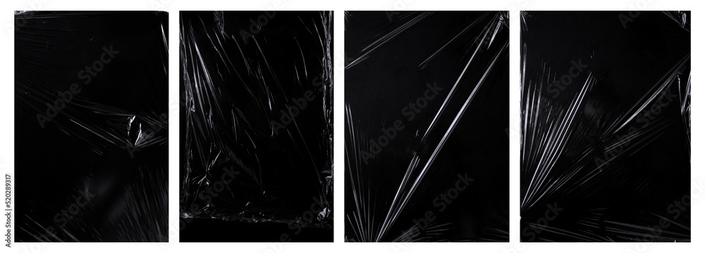 Poster collection of plastic wrap texture for background and photo overlay effect. set of wrinkled plastic 