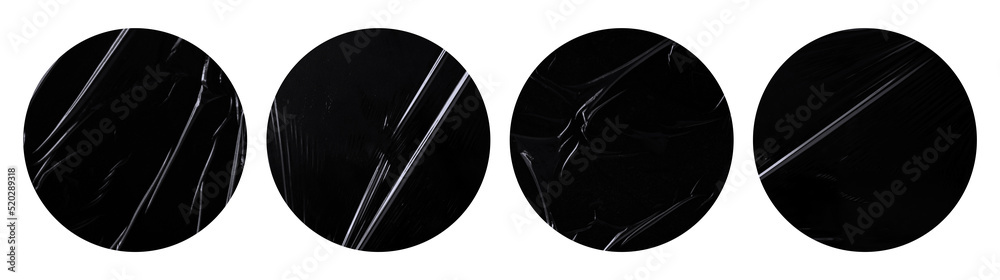 Poster collection of blank plastic glued sticker for mockup design. set of round stickers in realistic wrin