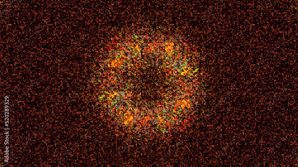 Poster widening circular soffit light rings on colorful grid with particles, seamless loop. animation. fiel