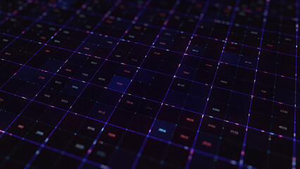 Neon cells and numbers. Animation. Numbers that appear in neon cells with moving strokes. Beautiful neon animation with numeric data in cells