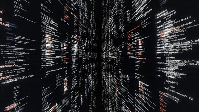 Source code walls on black background. Animation. Dive into cyberspace with walls of source code on black background. Programs and codes of matrix cyberspace