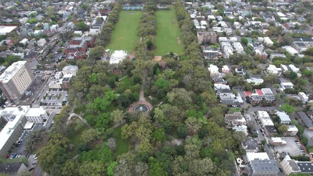 Aerial drone view of Forsythe Park in Savannah, Georgia, one of the city's most popular parks and attracts locals and tourists