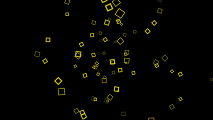 Colored squares splash out and spread out on black background. Animation. Square frames appear as outliers and spread out on black background