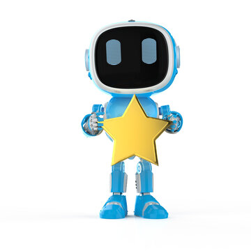 Blue robotic assistant or artificial intelligence robot with golden star