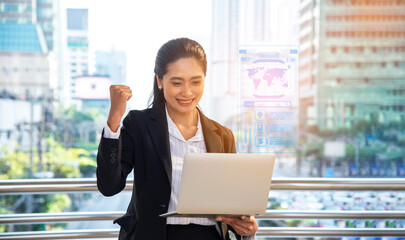 business using advance technology hologram computer display business information data.futuristic technology hologram