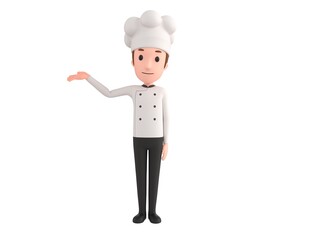 Chef character raise his hand and pointing to the side in 3d rendering.