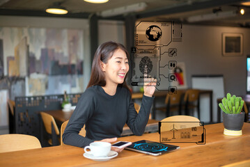 business using advance technology hologram computer display business information data.futuristic technology hologram