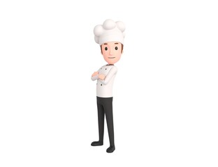 Chef character cross arms and looking to camera in 3d rendering.