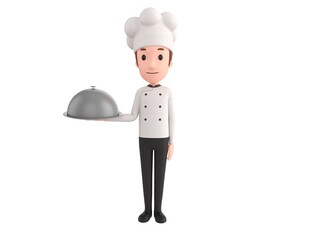 Chef character serving a meal under a silver cloche or dome in 3d rendering.