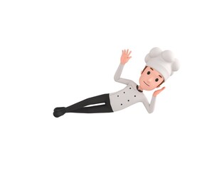 Chef character lying on floor and say hi in 3d rendering.