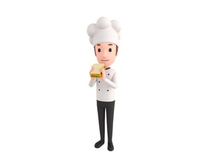 Chef character eating sandwich in 3d rendering.