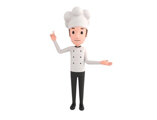 Chef character giving information in 3d rendering.