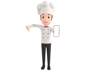 Chef character show his phone and give thumb down in 3d rendering.