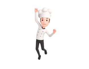 Chef character Jumping with smile on face doing winner gesture with fists up in 3d rendering.
