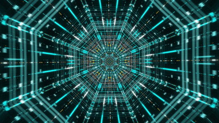 Moving forward inside fluorescent neon glowing light lines. Animation. Beautiful futuristic abstraction of sci-fi endless tunnel on the black background.