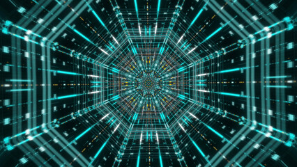 Fototapeta premium Moving forward inside fluorescent neon glowing light lines. Animation. Beautiful futuristic abstraction of sci-fi endless tunnel on the black background.