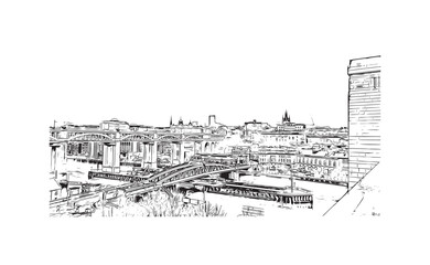 Building view with landmark of Newcastle upon Tyne is the 
city in England. Hand drawn sketch illustration in vector.