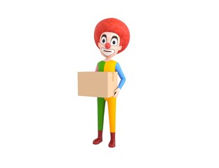 Clown character carrying a package in 3d rendering.