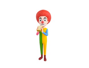 Clown character eating sandwich in 3d rendering.