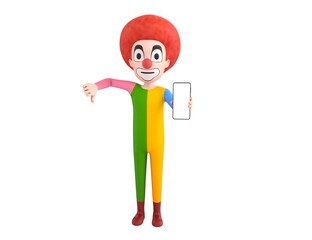 Clown character show his phone and give thumb down in 3d rendering.