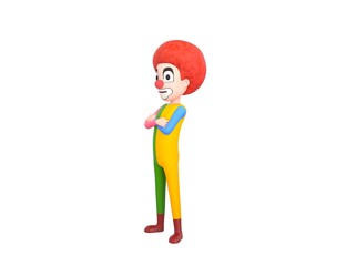 Clown character smiling with arms crossed look to the side in 3d rendering.