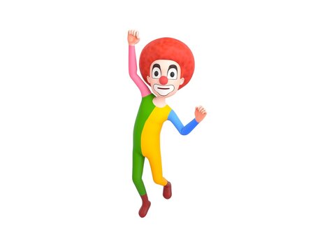 Clown character Jumping with smile on face doing winner gesture with fists up in 3d rendering.