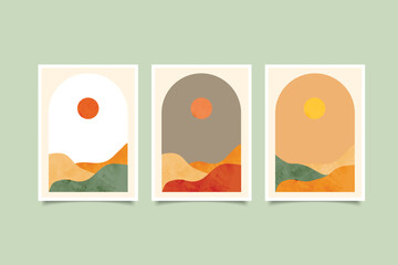 a minimalist art print from the mid-century period with organic natural shapes. A modern, abstract aesthetic background with geometric representations of the sun, moon, and rainbow. Bohemian wall art.