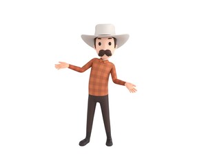 Cow Boy character spreading his hands in 3d rendering.