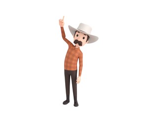 Cow Boy character pointing up with his finger in 3d rendering. - obrazy, fototapety, plakaty