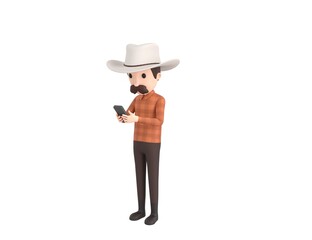 Cow Boy character types text message on cell phone in 3d rendering.