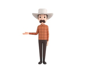 Cow Boy character looking to camera and pointing hand to the side in 3d rendering.