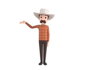 Cow Boy character raise his hand and pointing to the side in 3d rendering.