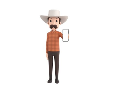 Cow Boy character showing his phone in 3d rendering.
