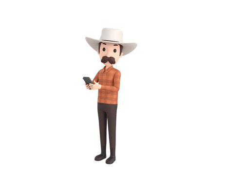 Cow Boy character using smartphone and looking to camera in 3d rendering.
