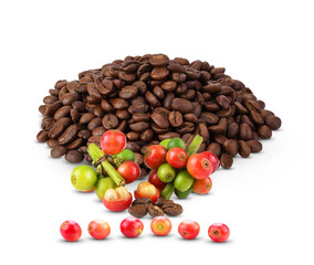 Coffee beans and red ripe coffee isolated on white background.