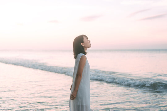 Portrait Of Asian Woman At The Beach Rest In The Sea Waves Aesthetic Vibes