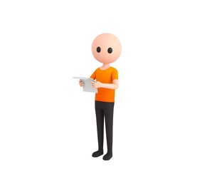 Simple Male character reading paper and looking to camera in 3d rendering.