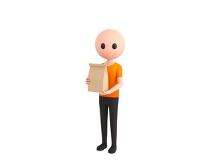 Simple Male character holding paper containers for takeaway food in 3d rendering.