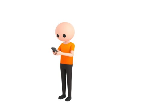 Simple Male character types text message on cell phone in 3d rendering.
