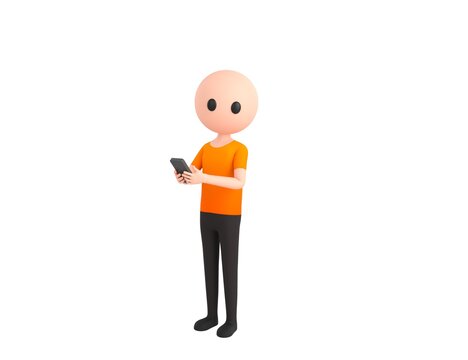 Simple Male character using smartphone and looking to camera in 3d rendering.