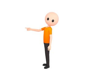 Simple Male character pointing index finger to the left in 3d rendering.