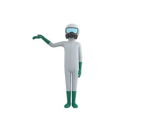 Fototapeta na wymiar Man in White Hazmat Suit character raise his hand and pointing to the side in 3d rendering.