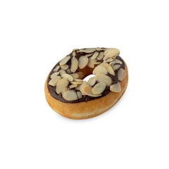 Chocolate almonds donut isolated on white background with clipping path.