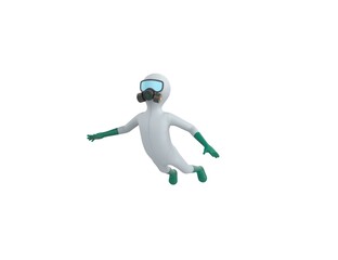 Man in White Hazmat Suit character flying in 3d rendering.
