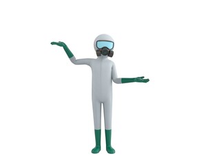 Man in White Hazmat Suit character choosing between two alternatives in 3d rendering.