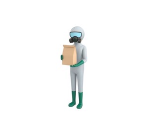 Man in White Hazmat Suit character holding paper containers for takeaway food in 3d rendering.