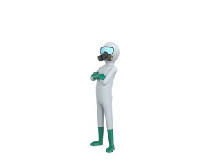 Man in White Hazmat Suit character cross arms and looking to camera in 3d rendering.