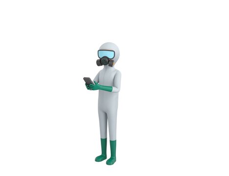 Man in White Hazmat Suit character using smartphone and looking to camera in 3d rendering.